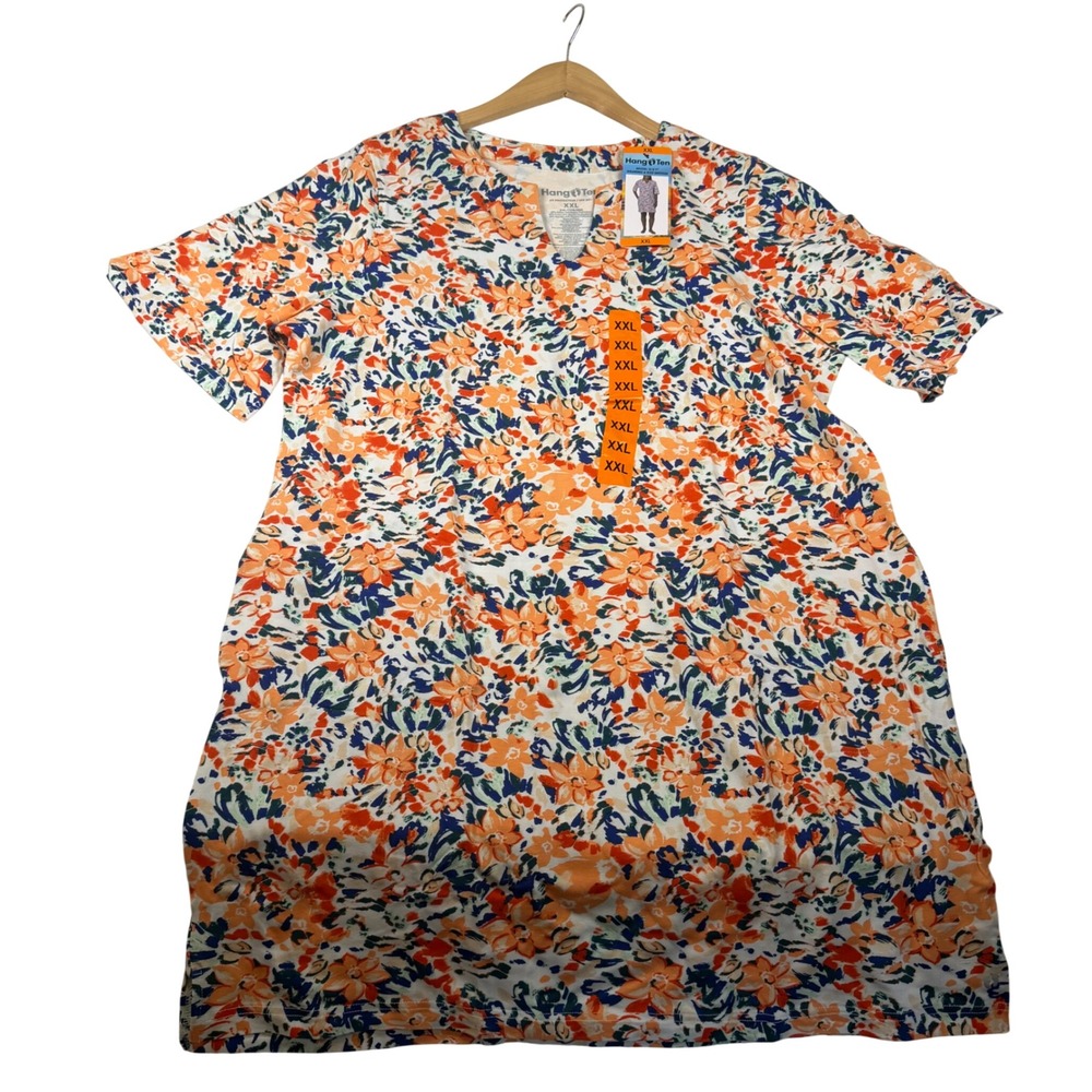 Hang Ten Womens XXL Floral UPF 50+ Sun Dress Orange Blue V-Neck Short Sleeve NEW